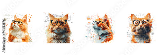 Cat vector. Quantum Physicist Cat with Formulas, Intellectual Feline Vector Art, cute animal cartoon character illustration set