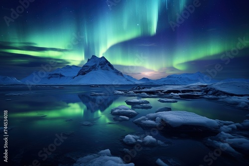 Aurora borealis illuminating an icy, untouched Arctic landscape