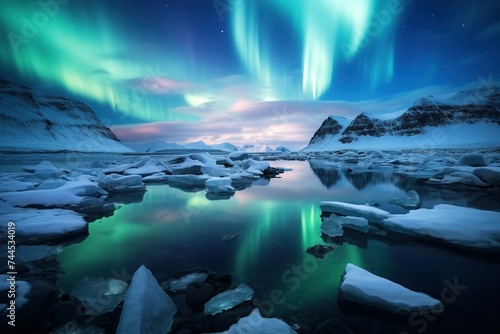 Aurora borealis illuminating an icy, untouched Arctic landscape