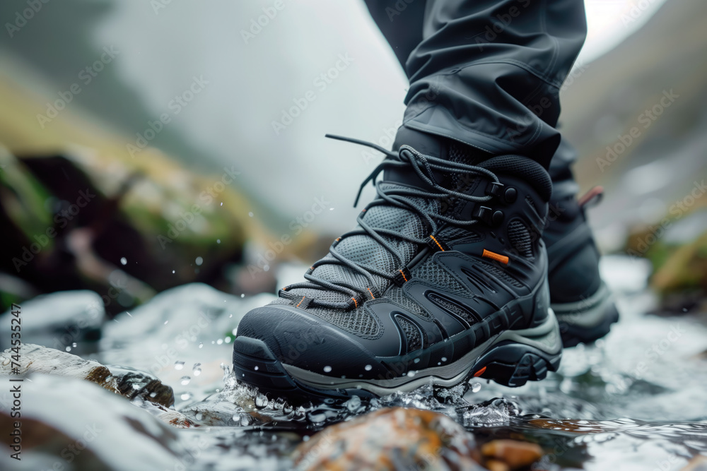 Close-up of a hiker's waterproof boots stepping through a shallow stream, with droplets of water splashing around. Close-up of a hiker's waterproof boots stepping through a shallow stream, with droplets of water splashing around.