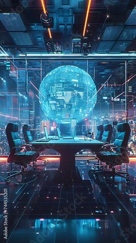 Cybernetic negotiation room where AI and humans collaborate on groundbreaking business deals for market expansion 