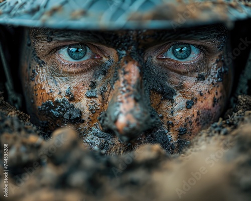 Close up of a soldiers face covered in dirt and determination as he peers out from a World War I trench with blurred figures and explosions in the background photo