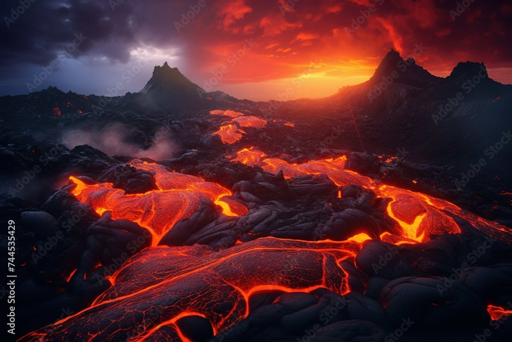 Glowing magma flowing from a deep volcanic fissure, lighting up the night sky - obrazy, fototapety, plakaty 