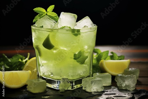Green tea ice cubes melting into a glass of fresh lemonade, capturing the fusion photo