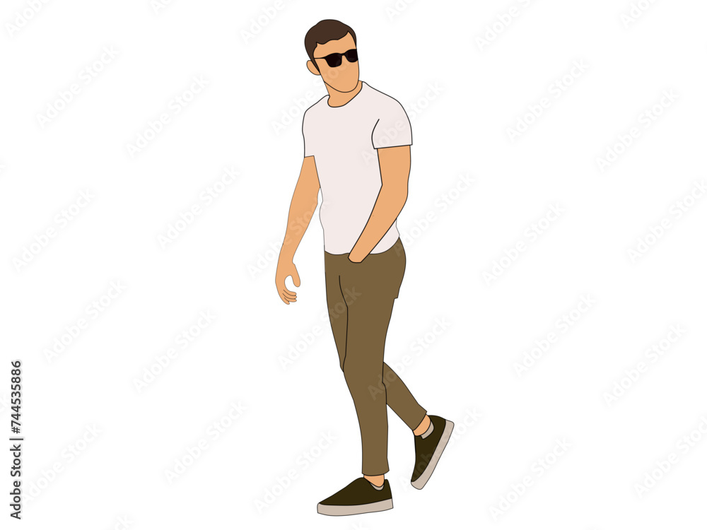 Vector illustration of a man wearing sunglasses with a flat face white T-shirt. Men's fashion themed illustration vector concept.