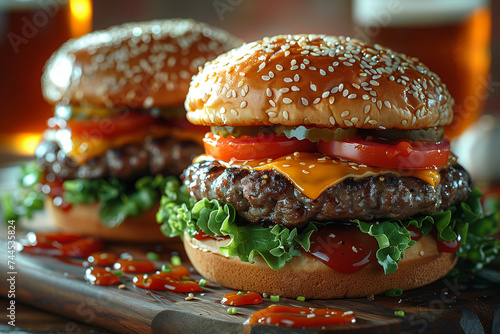 Classic Cheeseburger with Fresh Lettuce and Tomato on a Sesame Seed Bun