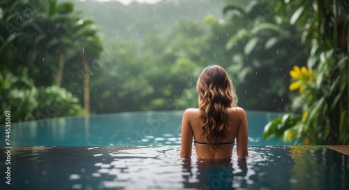 Back view happy woman enjoys warm tropical swimming pool overlooking the jungle