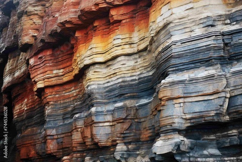 Multiple layers of a sedimentary rock cliff, colored bands contrasting sharply