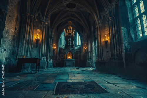 Dark and moody Gothic castle interior with flickering candlelight  shrouded in atmospheric shadows.