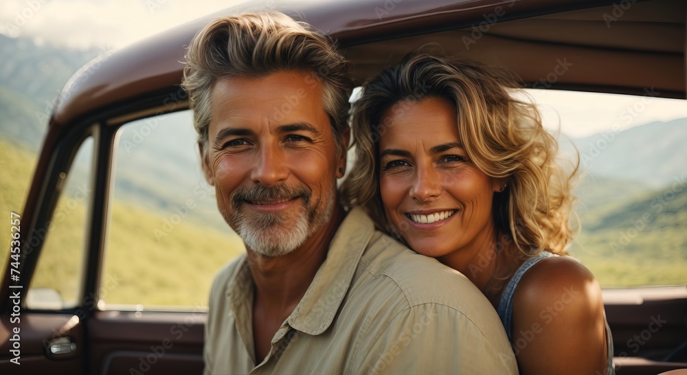 Smilling middle aged western couple hugging in car Smilling middle aged western couple hugging in car