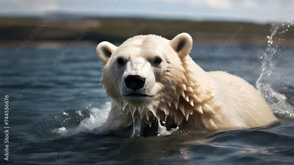 Fototapeta premium A polar bear is swimming in a body of water, with its head above the water and spraying water from its mouth. The bear appears to be enjoying itself as it splashes around.