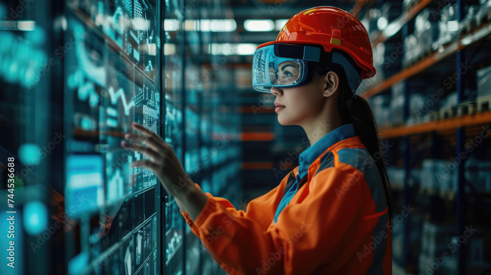 Woman logistics manager with technology warehouse stand with shelves filled with goods, data analytics, global logistics networks, big data and machine learning in modern supply chain management