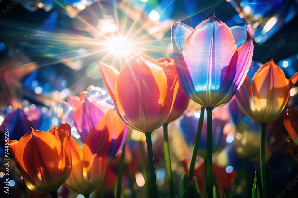Sunlight split by a prism over multihued tulips Sunlight split by a prism over multihued tulips