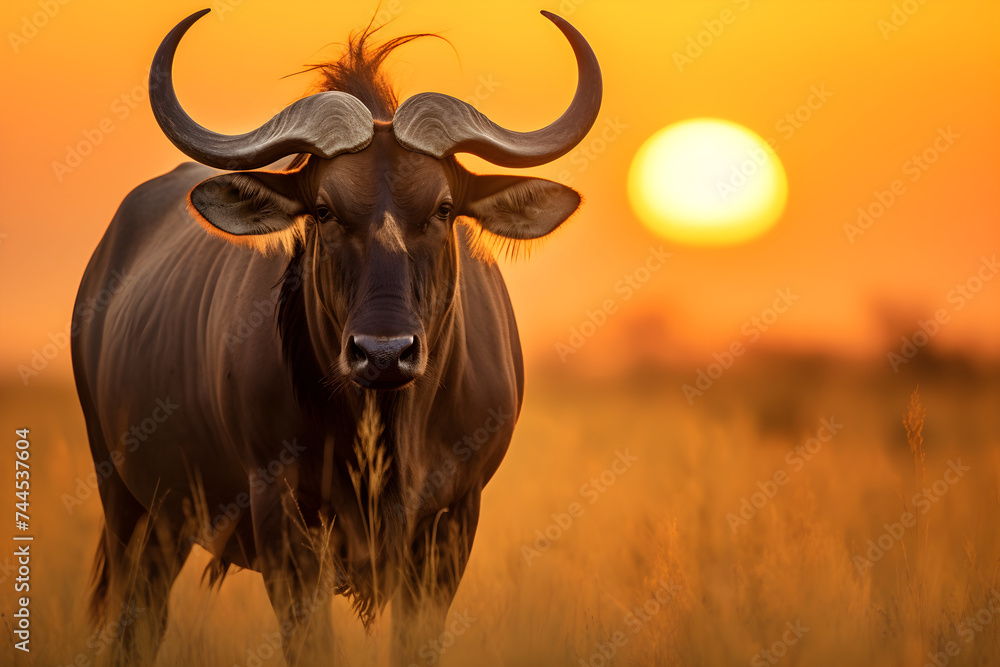 The Lone Gnu: A Captivating Silhouette Against the Vibrant Vistas of the African Grasslands