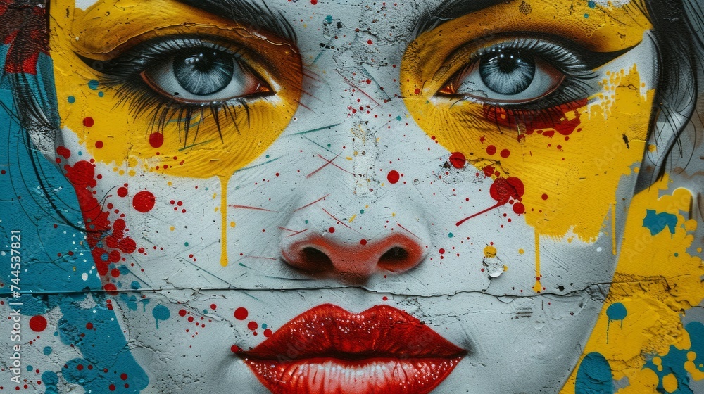 Striking Street Art of Woman's Face with Vivid Colors and Splatter Effect