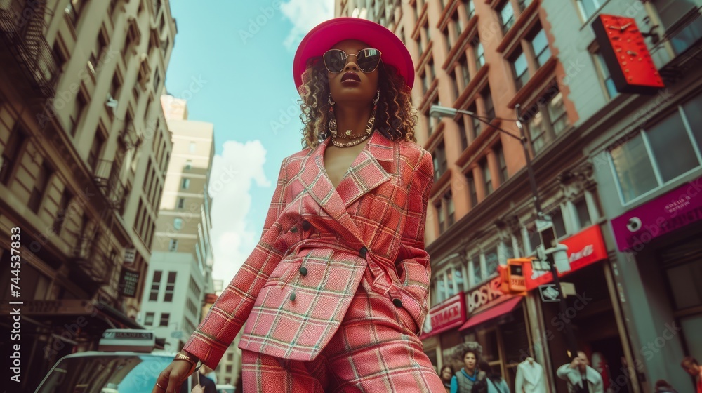 Stylish Woman in Pink Plaid Suit and Hat Posing in Urban Setting