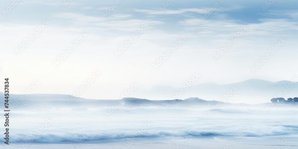 Serene ocean coastline with white mist. Tranquil landscape. Generative AI Serene ocean coastline with white mist. Tranquil landscape. Generative AI