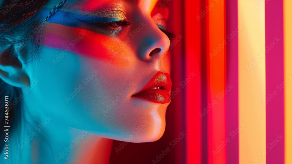 Vibrant Colored Lighting on Female Model with Artistic Makeup