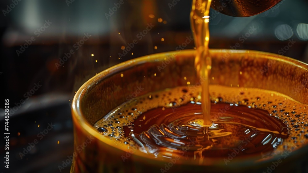 Close-up of coffee pouring into a mug from a spout. Close-up of coffee pouring into a mug from a spout.