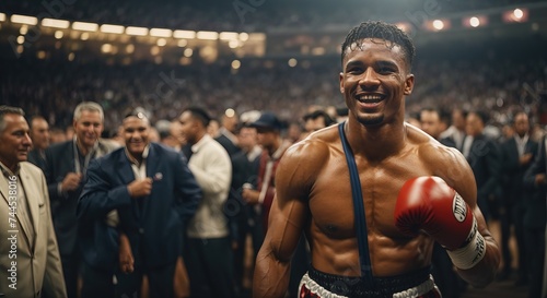 Boxing man in a boxing uniform rejoices after winning a tournament in a stadium filled with spectators photo