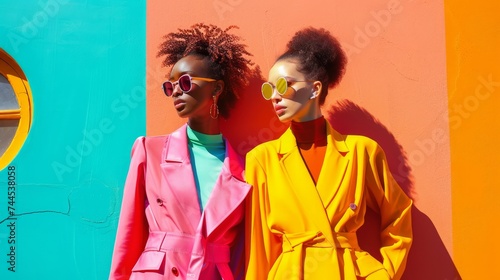Vibrant Urban Fashion Portrait of Two Stylish Women Against Colorful Wall