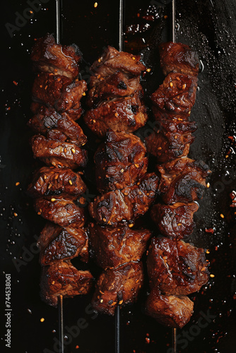 Close up of meat on skewers cooking on grill