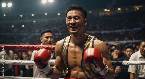 Boxing man in a boxing uniform rejoices after winning a tournament in a stadium filled with spectators © MochSjamsul