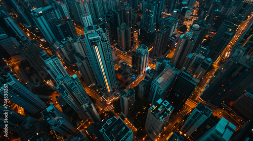 An aerial view of a bustling cityscape at dusk with lights beginning to twinkle in the buildings.