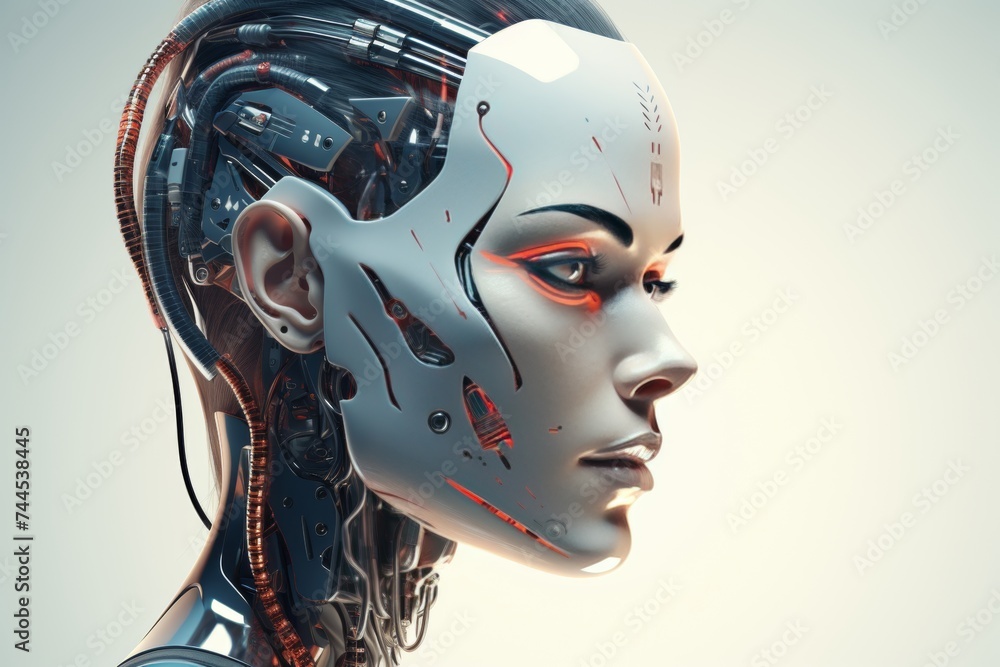 Futuristic woman robot portrait in white and red with glass eyes on gradient background Futuristic woman robot portrait in white and red with glass eyes on gradient background