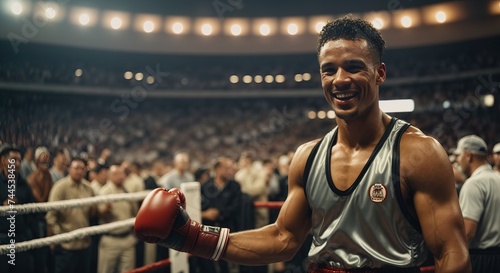 Boxing man in a boxing uniform rejoices after winning a tournament in a stadium filled with spectators