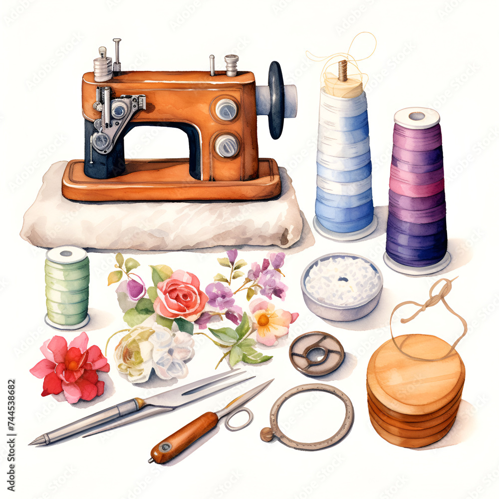 watercolor clipart of sewing supplies elements, Watercolor sewing clipart. Dress form, sewing machine, needlework, stitching, scissors. Stock illustration. Hand painted in watercolor, Generative Ai 
