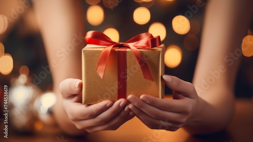 Close-up of tender hands gently offering a Christmas gift.