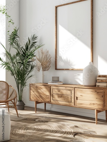 Boho Living: Rustic Dresser with Blank Poster Frame in Modern Living Room photo