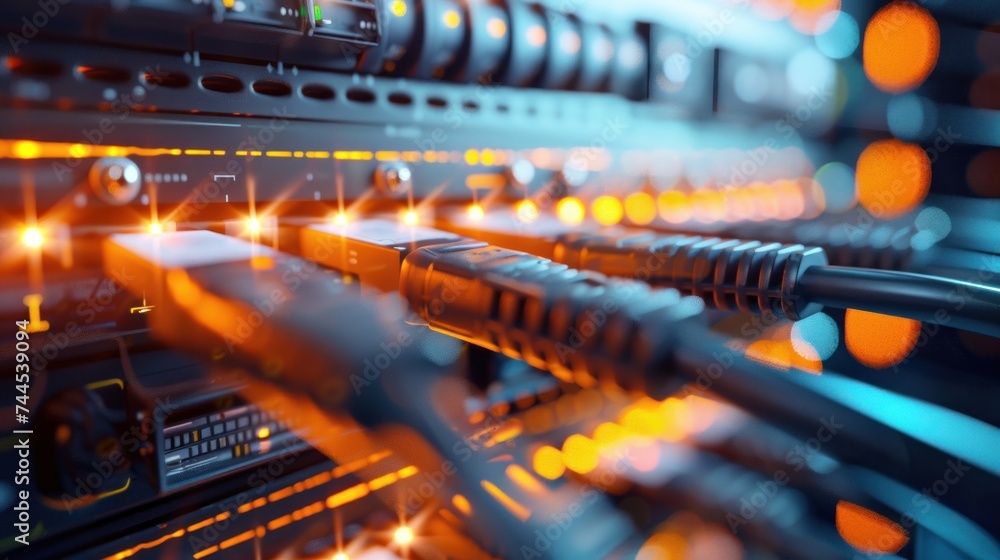 Fiber optics carry data to computer hardware, technology in modern communication and connectivity. Fiber optics carry data to computer hardware, technology in modern communication and connectivity.