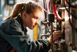 Female Plumber Apprentice Learning the Trade, Repairing Central Heating Boiler