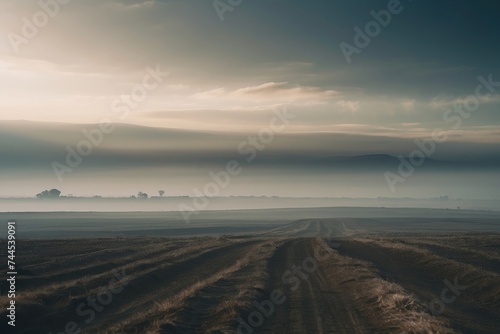 Foggy morning in the field with dirt road in the foreground
