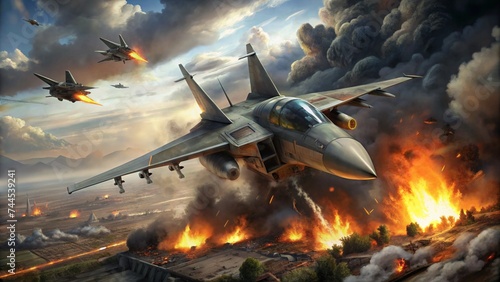 Military Fighter Jet in the War with Fire Background