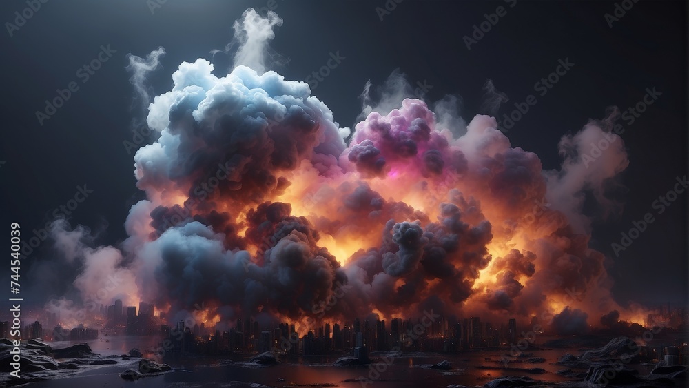 illustration of a colorful explosion with smoke and fire on black background