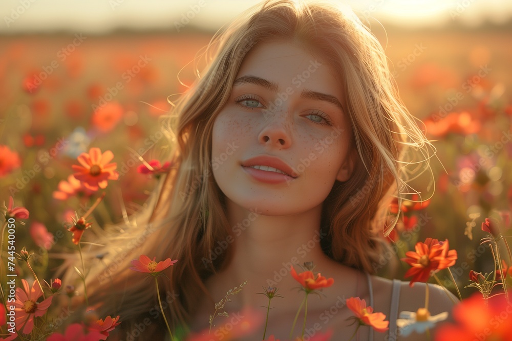 Woman Amidst Flowers at Sunset Woman Amidst Flowers at Sunset