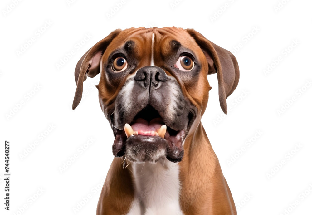 The humor of a surprised boxer dog, perfectly isolated on a white transparent background as a PNG image.