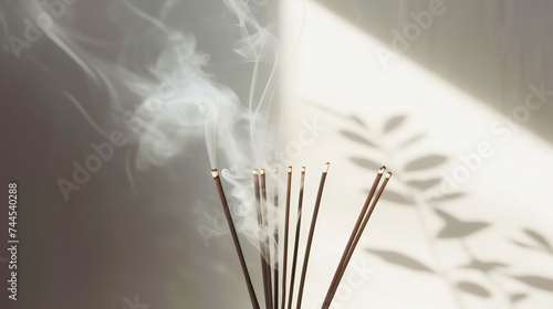 Aesthetic incense sticks with smoke on a light sunny background. Spa meditation concept. Copy space. Generative AI photo