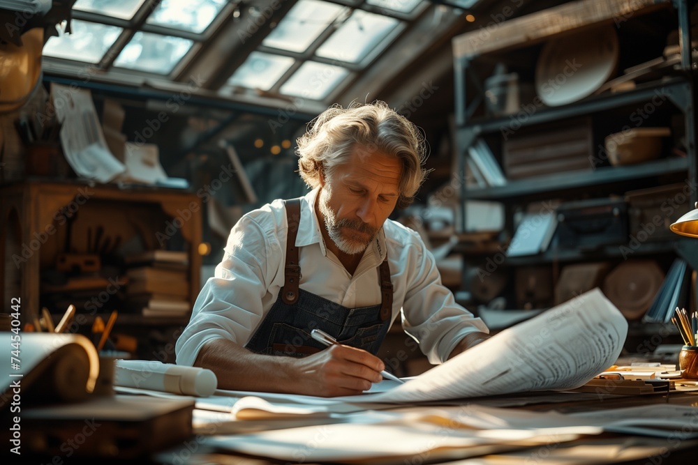 Working Diligently on Passion Project at Drafting Table Working Diligently on Passion Project at Drafting Table