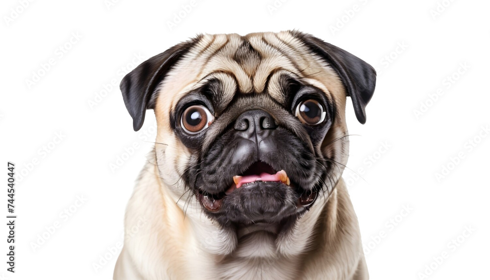 Cute pug dog looking hilariously surprised, all alone on a white transparent background. Close-up and in PNG format