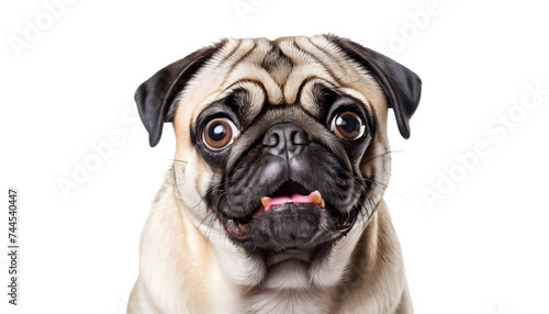 Cute pug dog looking hilariously surprised, all alone on a white transparent background. Close-up and in PNG format