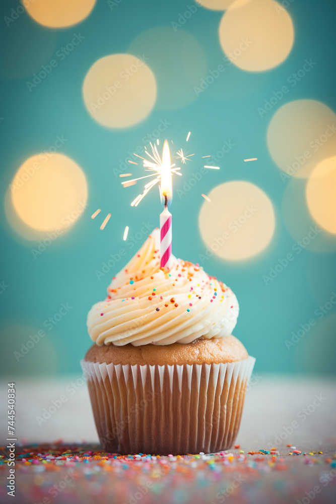 cute cupcake with one birthday candle, photograph, fun light background сreated with Generative Ai cute cupcake with one birthday candle, photograph, fun light background сreated with Generative Ai