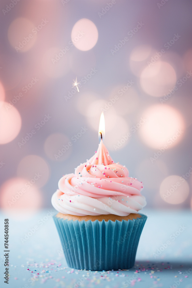 cute cupcake with one birthday candle, photograph, fun light background сreated with Generative Ai cute cupcake with one birthday candle, photograph, fun light background сreated with Generative Ai