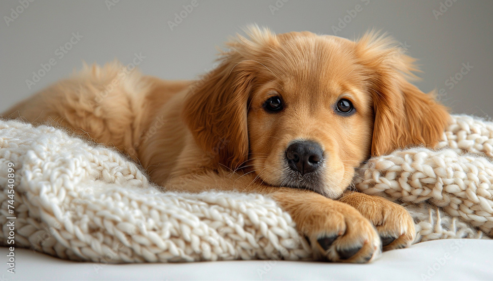 Cute puppy on a soft knitted blanket.