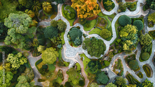 An aerial view of an intricate maze garden with paths weaving through greenery.