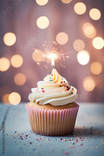 cute cupcake with one birthday candle  photograph  fun light background   reated with Generative Ai