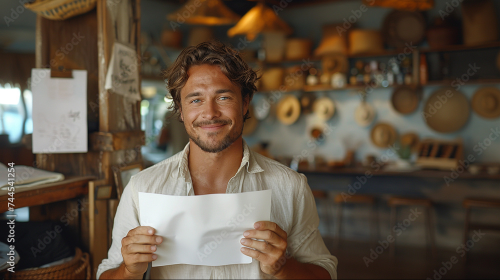 Smiling bearded man holding paper in casual environment